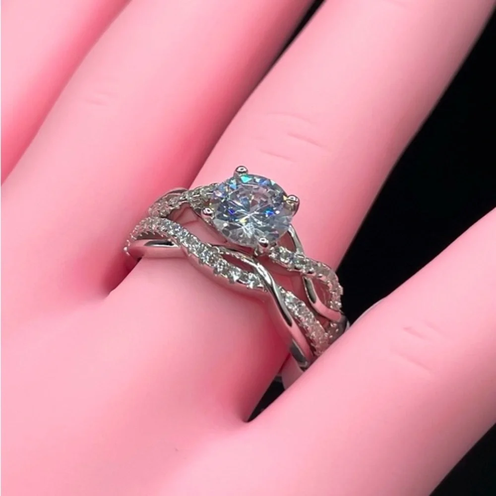 925 Sterling Silver Round Cut Diamond Elegant 2 Band Wedding Ring Set 5